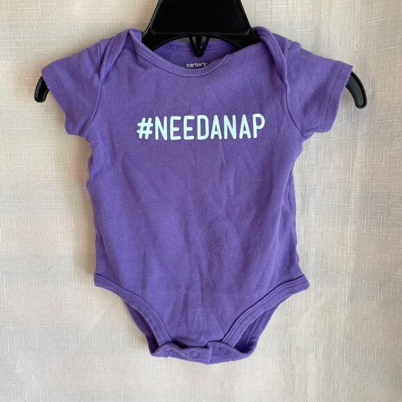 Carters Baby One Piece 3M Purple Hashtag NeedANap Short Sleeve Bodysuit Cotton - Picture 6 of 6